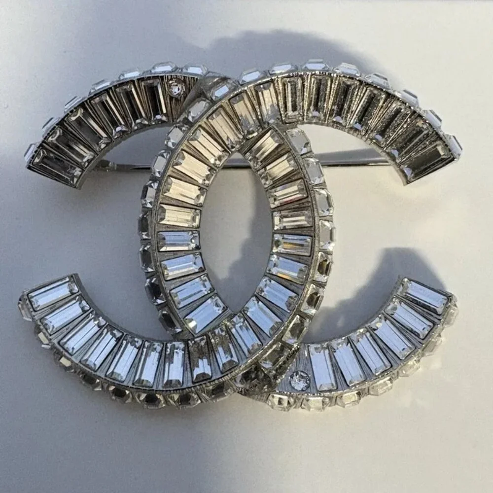 Chanel 22V Crystal CC Brooch Large Silver Baguette Rhinestone Pin with Box